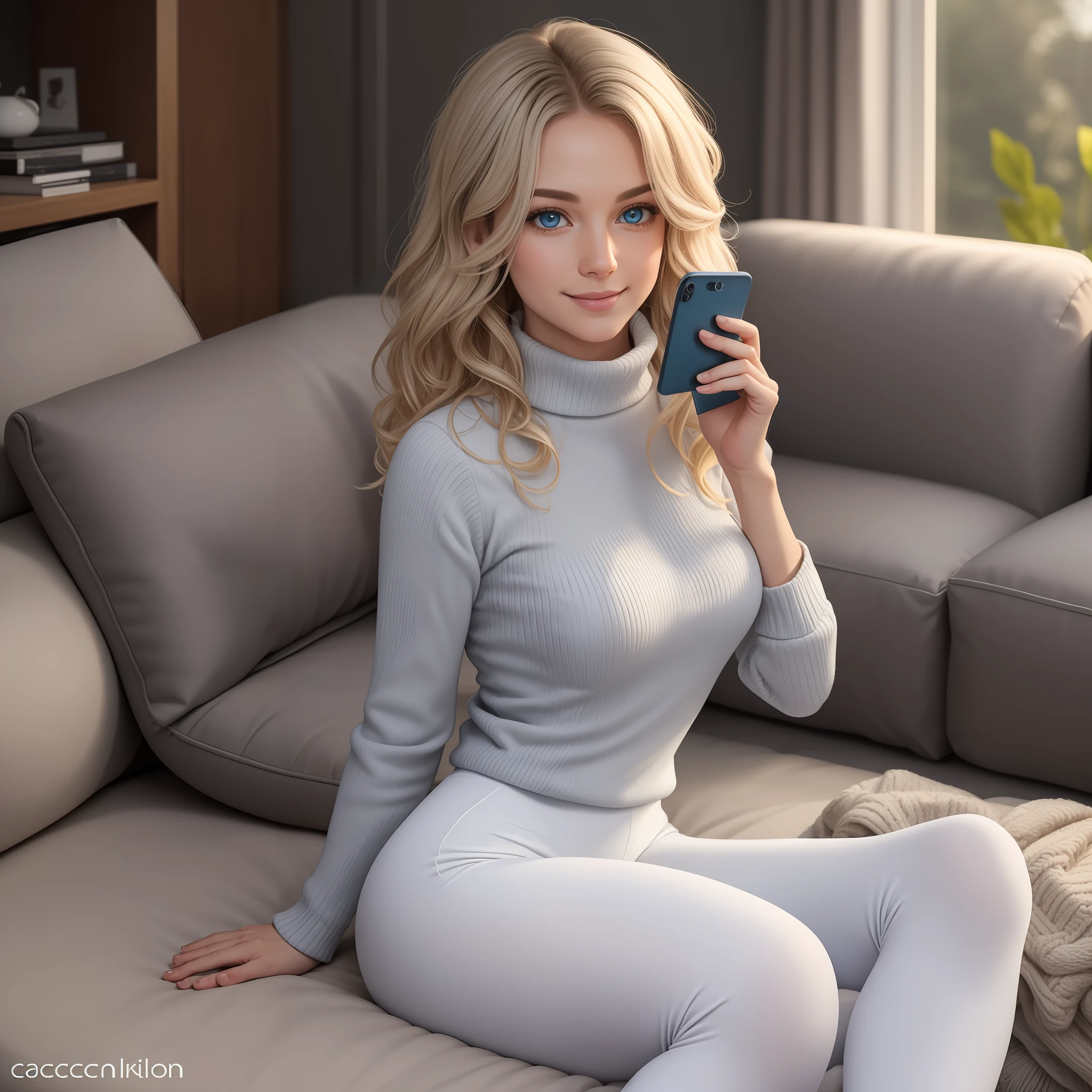 full body photo, Caucasian, European, Caucasian woman, pale freckled skin, gray blue eyes, perfect mouth, beautiful smile, white blonde, wavy hair, lime green turtleneck wool sweater, tight white women's leggings, bare feet, without stockings, delicate feet, comfortable on the sofa, reading messages on the latest iPhone cell phone, gaze focused on the cell phone, modern house, very naturally lit