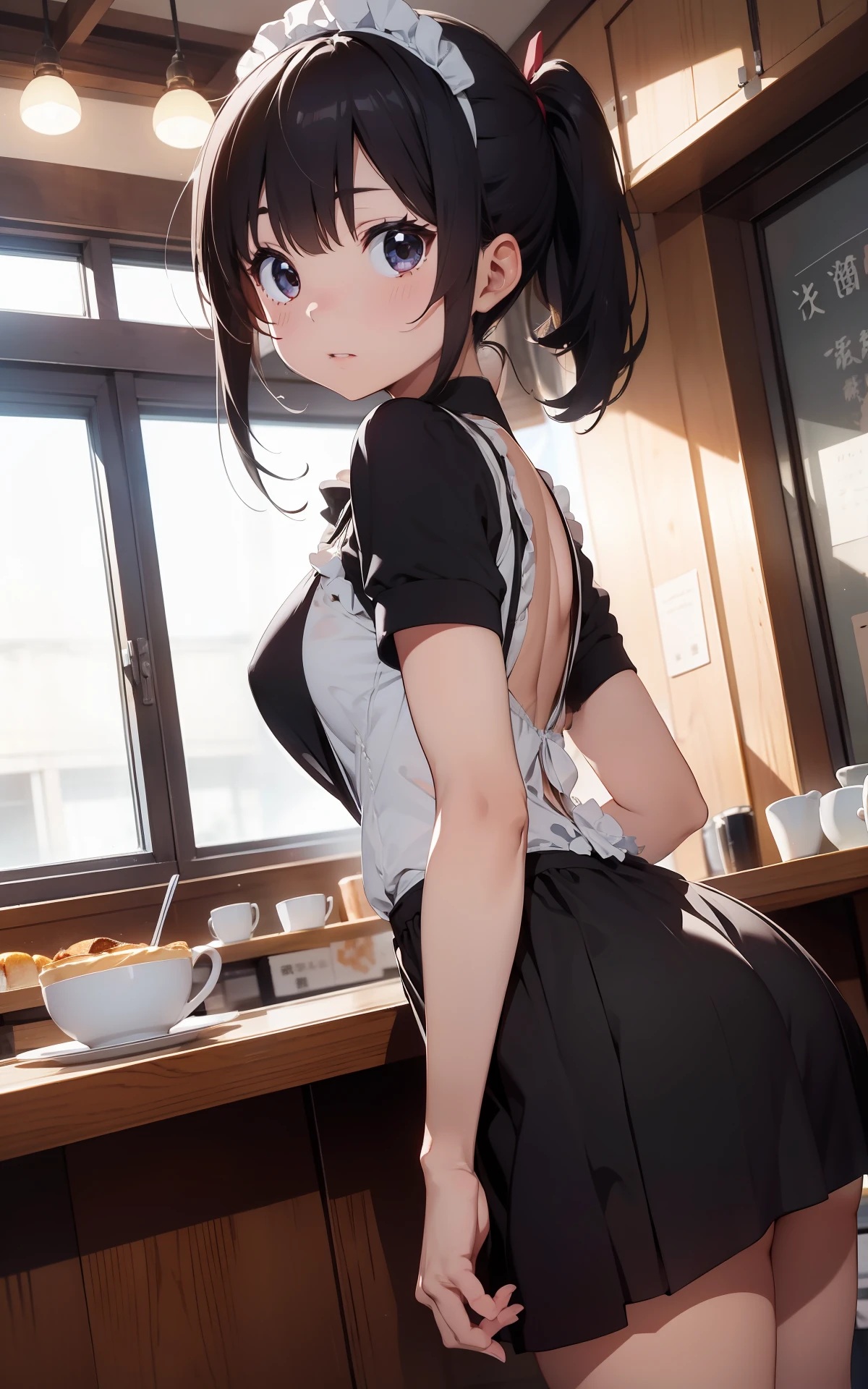 Anime girl in maid outfit standing in front of a counter - SeaArt AI