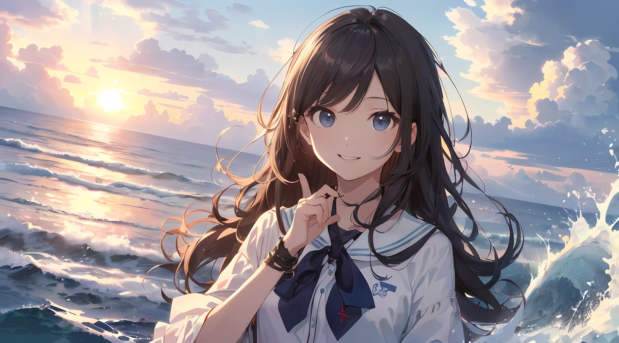 (最好质量:1.5)、(ultra hyper-detailed:1.5)、(Highest quality photos:1.5)、Beautiful schoolgirl、a very cute、Beautiful sea、Horizon、Summer sky、Into the cloud、beach、1 persons、Staring at the clouds、Radiant smile、