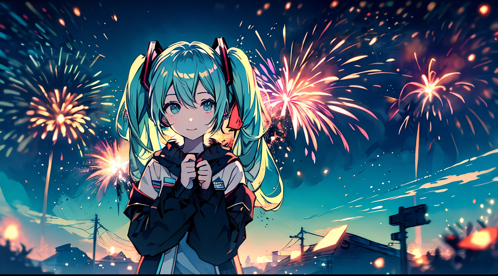 (chef-d&#39;œuvre), (meilleure qualité), (Hatsune_Miku), (1 fille dans:1),feu d&#39;artifice、