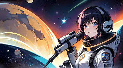 best quality, (masterpiece), Ultra-detailed, (novel illustration:1.2), (korean webtoon style:1.2), (bold line), (highres:1.2), dramatic light, 1girl, observatory, space through long telescope, space, planets, meteors, light rays between planets, top view, ...