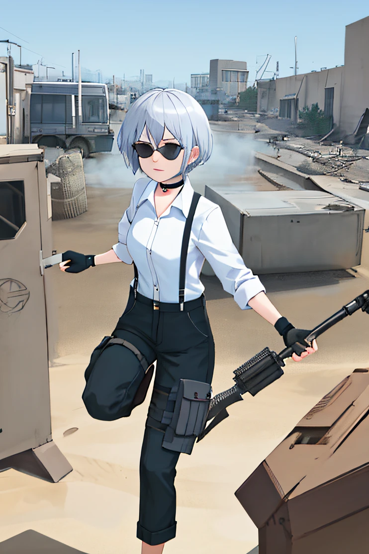 1girl, m4 carbine, holding gun, anime, tomboy woman, fully silver pixie cut hair,  blue eyes ,white collared formal shirt, black choker, black fingerless gloves, black cargo pants, leg holsters, detailed, one character only, destroyed city background, round sunglasses, chest suspenders, hd, 4k,