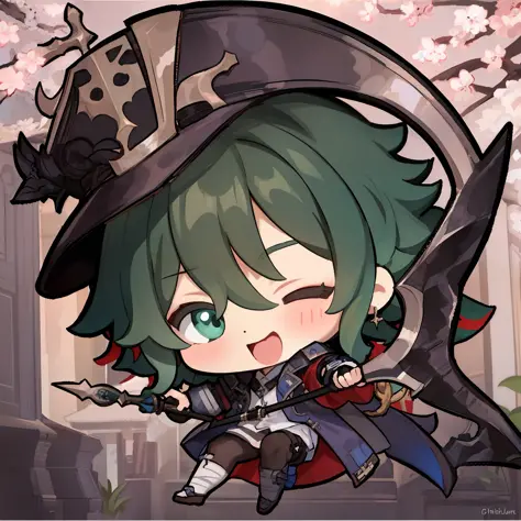masterpiece, best quality, chibi,  Izuku Midoriya as the grim reaper wearing plague doctor's clothes wielding a scythe on a ceme...
