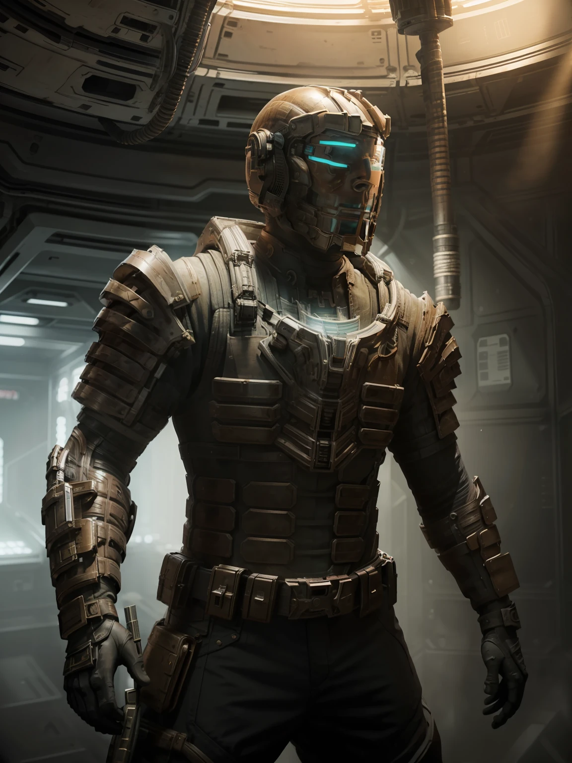 close up of man wearing engineeringsuit standing in a space station, shiny armor, realistic metarials, dramatic lighting, wallpaper, intricate, sharp focus, ray tracing, rtx, professionally color graded, professional photography, masterpiece, ultra detailed, high quality, best quality, 4k, 8k, raw