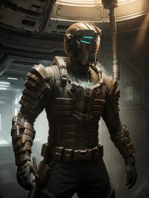 close up of man wearing engineeringsuit standing in a space station, shiny armor, realistic metarials, dramatic lighting, wallpa...