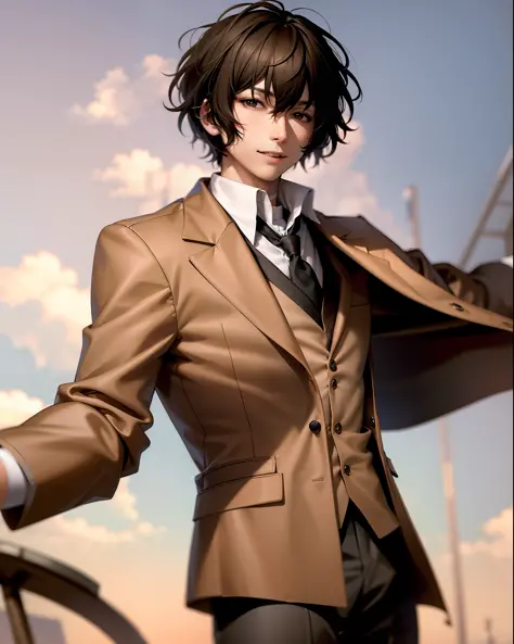 (masterpiece, best quality:1.2), upper body, solo, male focus, 1boy, dazai osamu, brown jacket, bandages, muscular man, toned mu...