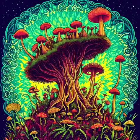 a mushroom head standing on a hill with a bunch of mushrooms with cannabis leaves and a sky composed of mandalas, arte trippy, p...