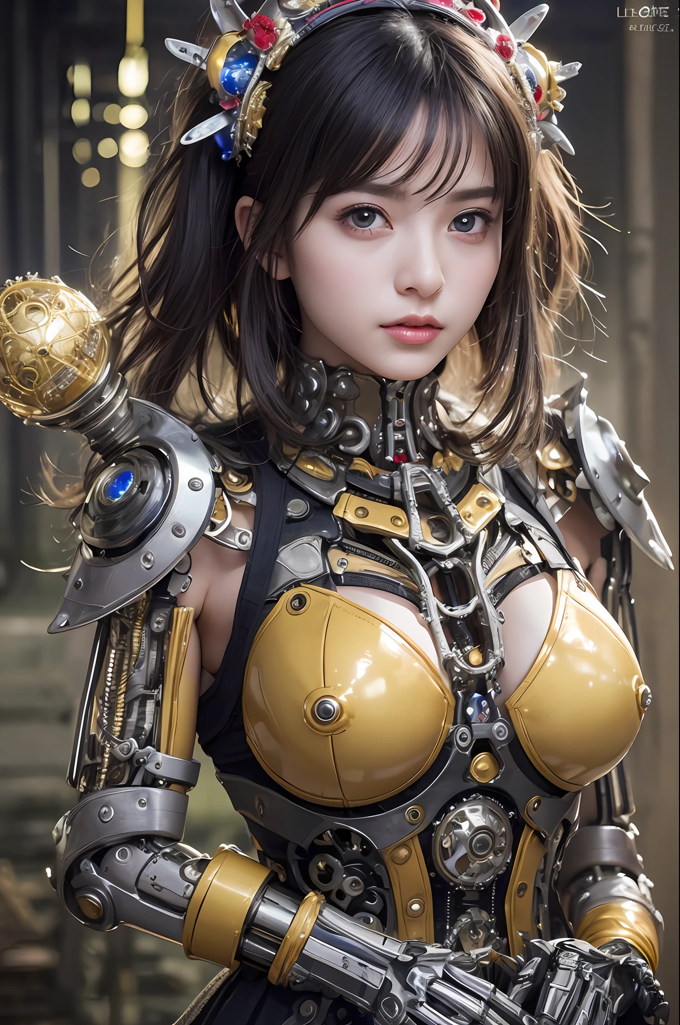 best quality、Masterpiece、ultra-high-resolution、(photoreallistic:1.4)、Raw photo、1 girl、Black hair、glowy skin、1 Mechanical Girl、((hyper realistic detail))、portlate、Global Illumination、Shadow、octane rend、8K、ultrasharp、big tit、Raw skin is exposed in cleavage、metals、Details of complex ornaments、Gothic Lolita details、Analog Meter、cog、gear、golden hydraulic cylinder、hyper intricate details、Realistic light、CGSoation Trends、purple colored eyes、eyes glowing、Facing the camera、neon details、Mechanical limbs、blood vessels connected to tubeechanical vertebrae attached to the back、mechanical cervical attaching to neck、sitting on、Wires and cables connecting to the head、Small LED lamp、
