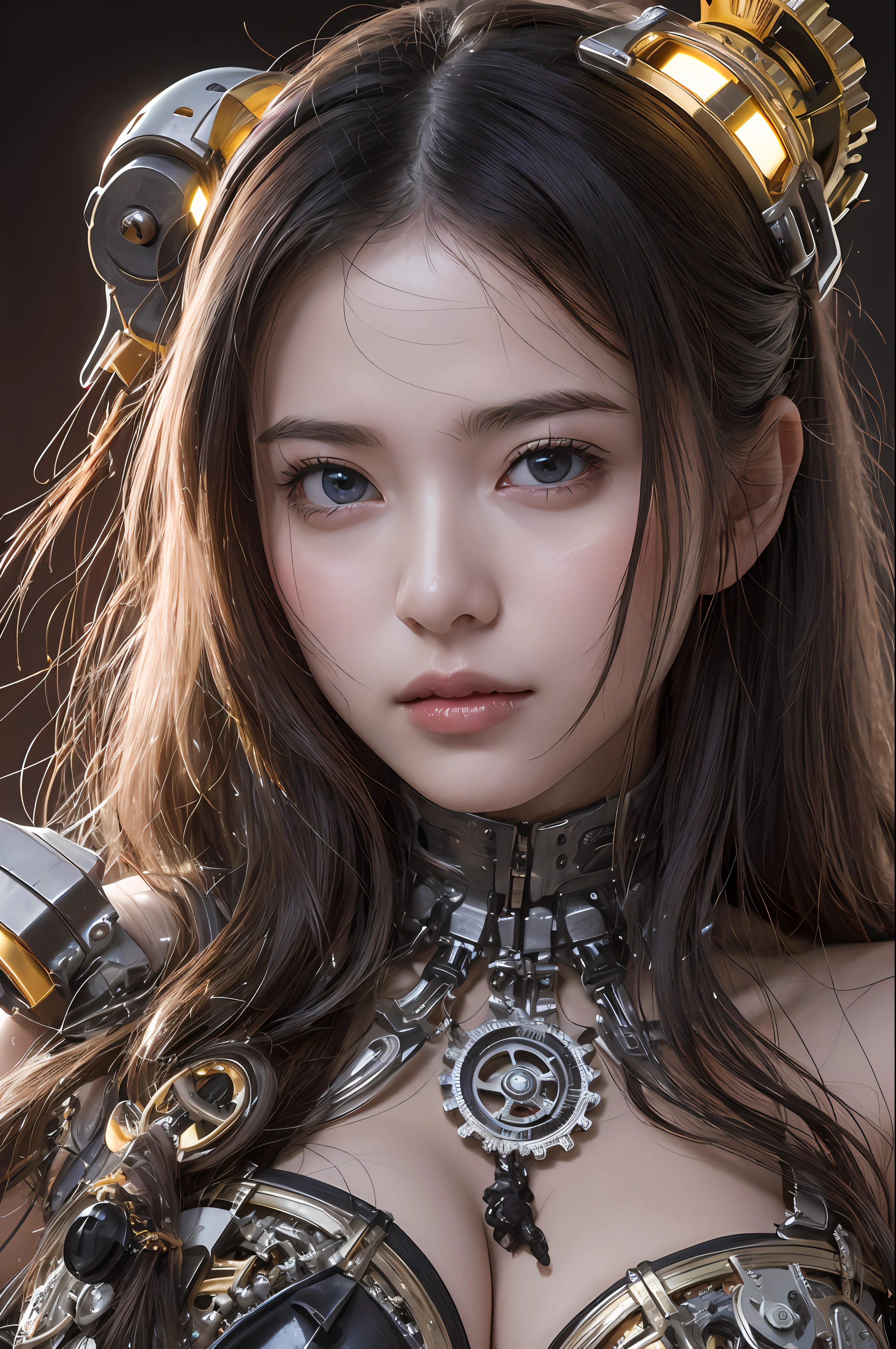 最好质量、巨作、ultra-high-resolution、(photoreallistic:1.4)、Raw photo、女の子1人、Black hair、glowy skin、1 Mechanical Girl、((hyper realistic detail))、portlate、Global Illumination、Shadow、octane rend、8K、ultrasharp、big tit、Raw skin is exposed in cleavage、metals、Details of complex ornaments、Gothic Lolita details、Analog Meter、cog、gear、Golden hydraulic cylinder、hyper intricate details、Realistic light、CGSoation Trends、purple colored eyes、eyes glowing、Facing the camera、neon details、Mechanical limbs、blood vessels connected to tubes、Mechanical vertebrae attached to the back、mechanical cervical attaching to neck、sitting on、Wires and cables connecting to the head、Small LED lamp、