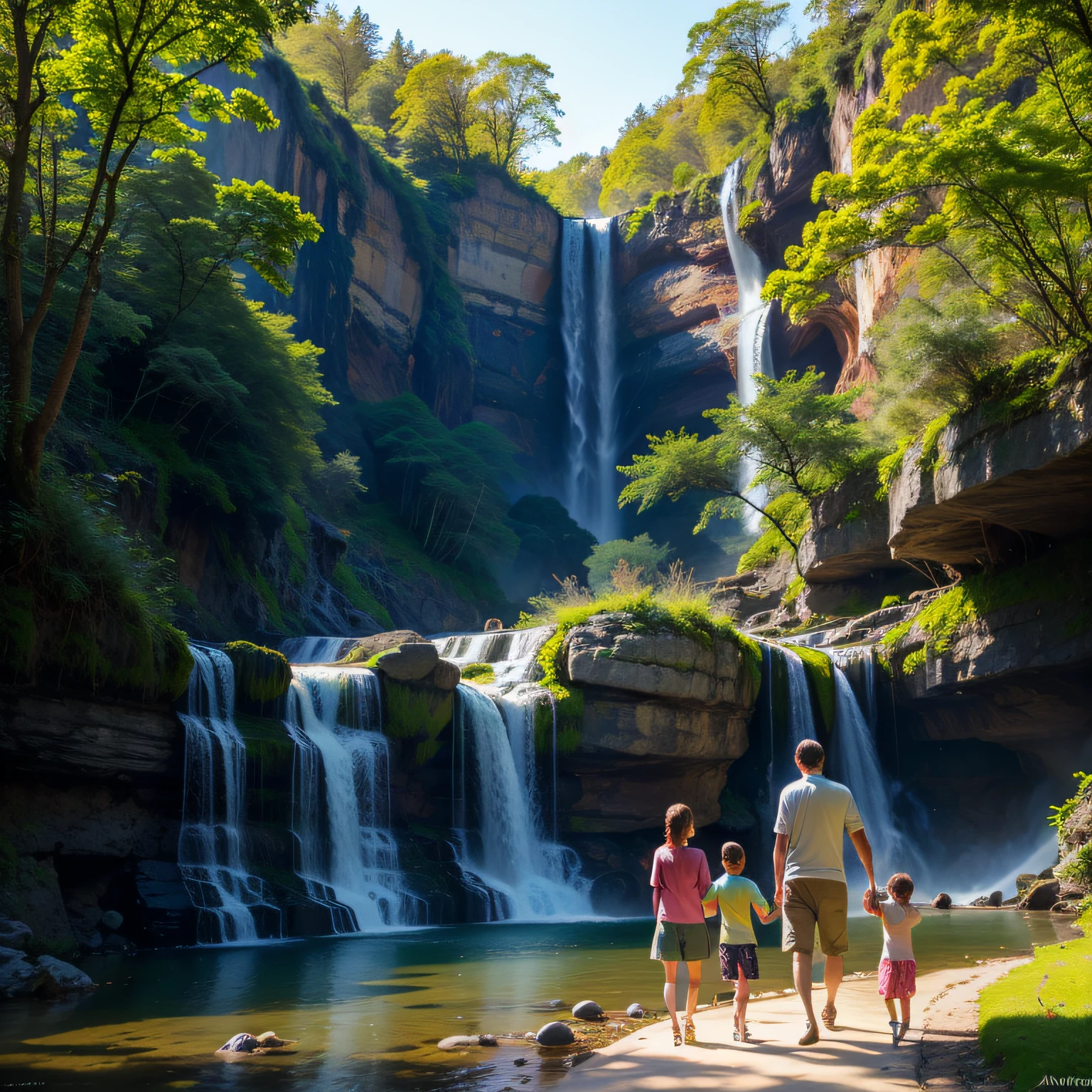 (réaliste) (meilleure qualité) Cascade avec des arbres colorés tout autour et une famille heureuse