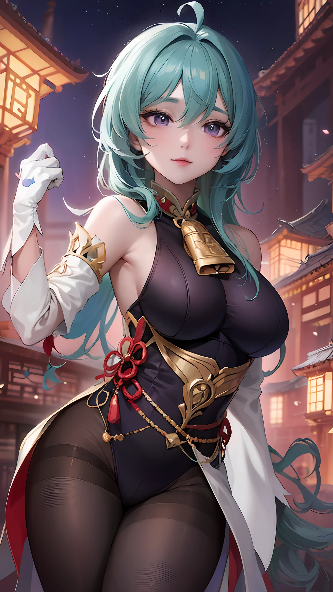 By bangs, Exposed shoulder, bell, Black gloves, Black tights, ((Blue hair)), Blushlush, breasts, Chinese knot, the sleeve, east asian architecture, Flower knots, mitts, cow horn, length hair, looking at the spectator, middlebreasts, neck bell, the night, exteriors, lacepantyhose, purpleeyes, Temple, solo, tassels, White sleeves, ((巨作))Guviz-style artwork, ((a beautiful fantasy empress)), a beautiful anime portrait, Guviz, Beautiful anime girl, Smooth anime CG art, beautiful anime style, Guweiz in Pixiv ArtStation, 8K high quality detailed art, Guweiz on ArtStation Pixiv