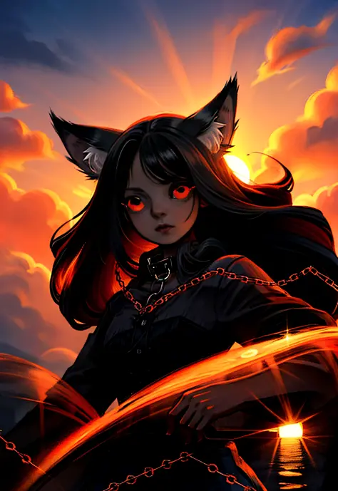 masterpiece, best quality, 1girl, black long hair, chains, red eyes, wolf ears, black mantle, fluffy collar, sunset, feef,