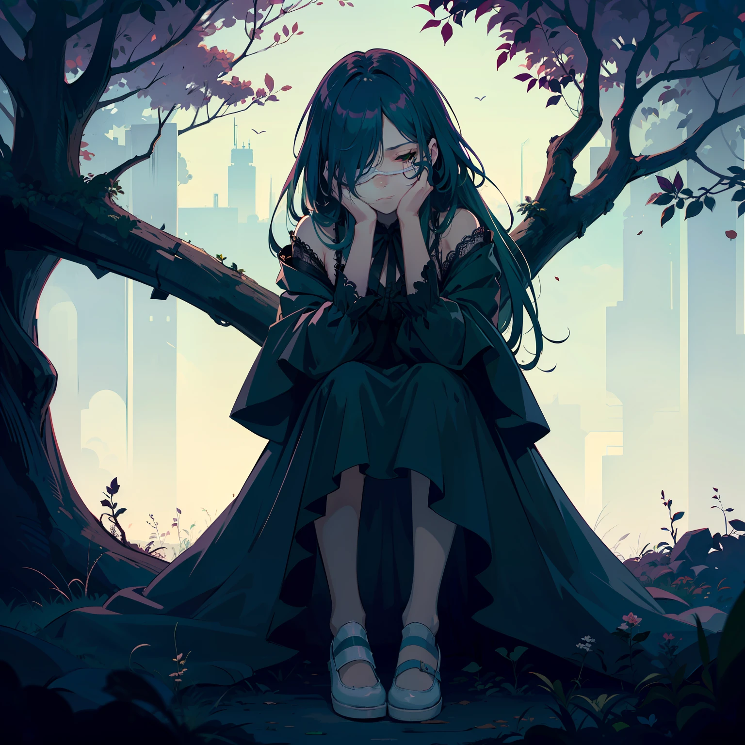 (masterpiece),(best quality),(ultra-detailed),illustration,disheveled hair,Dynamic angle,solo,1girl,game character portrait,lolita fashion,full body, (Cloth strip covering eyes:1.35),(lace),(sit on withered tree:1.25),bare legs,([green hair | purple hair]:1.25),expressionless,(chiaroscuro lighting:1.2),long hair