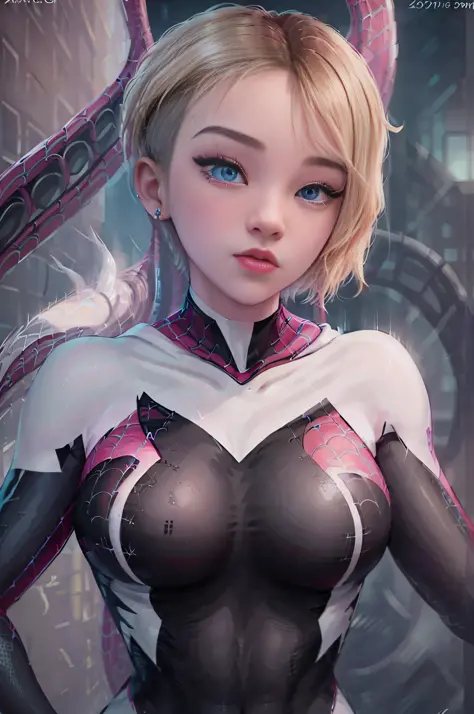 (Ultra photorealistic raytracing) Ghost Spider, Gwen in a black outfit with spider in the center of her chest in white, organic-looking outfit, gooey forehead, symbiote, white eyes, fine art, PS5 cinematic screenshot, detailed highly detailed cinematic ren...