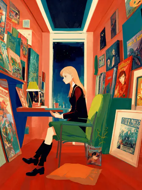 a modern woman sitting at a desk in front of books with movie posters background by Victo Ngai