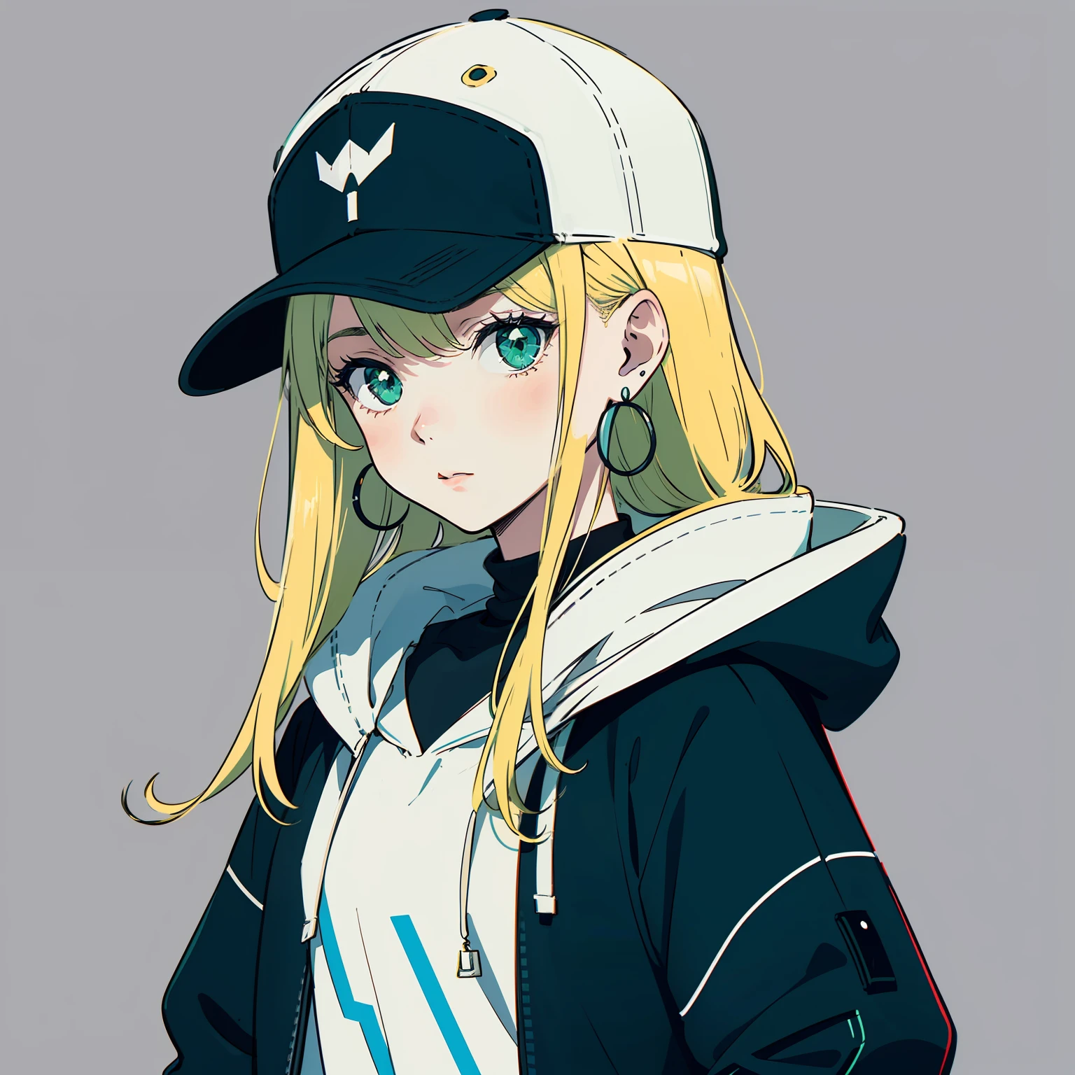 anime drawing of a girl sporting a hat and cap with long blonde hair, 1girl, solo, hat, jewelry, earrings, long hair, baseball cap, jacket, hood, hood down, simple background, green jacket, upper body, green headwear, grey background,low contrast, chromatic aberration, high contrast, flat color, limited palette, ligne claire