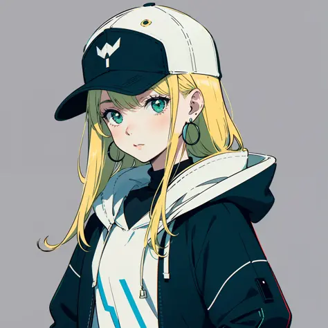 anime drawing of a girl sporting a hat and cap with long blonde hair, 1girl, solo, hat, jewelry, earrings, long hair, baseball c...