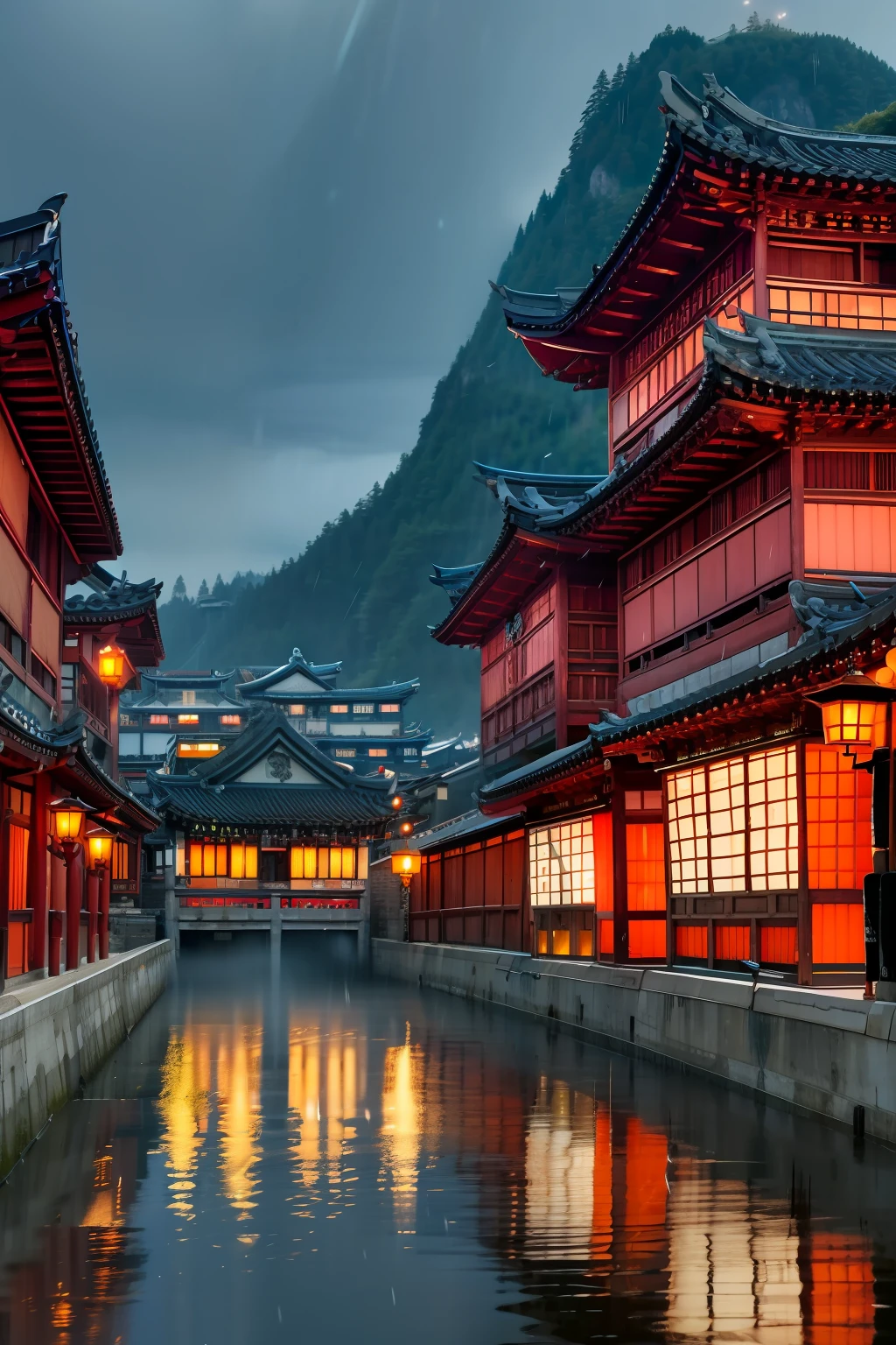 arafed view of a village with a lot of lights on the buildings, dreamy chinese town, chinese village, amazing wallpaper, japanese town, japanese village, hyper realistic photo of a town, old asian village, japanese city, by Raymond Han, rainy evening, cyberpunk chinese ancient castle, beautifully lit buildings, at evening during rain, beautiful and aesthetic, photography, cinematic, 8k, high detailed ((Heavy rain)))