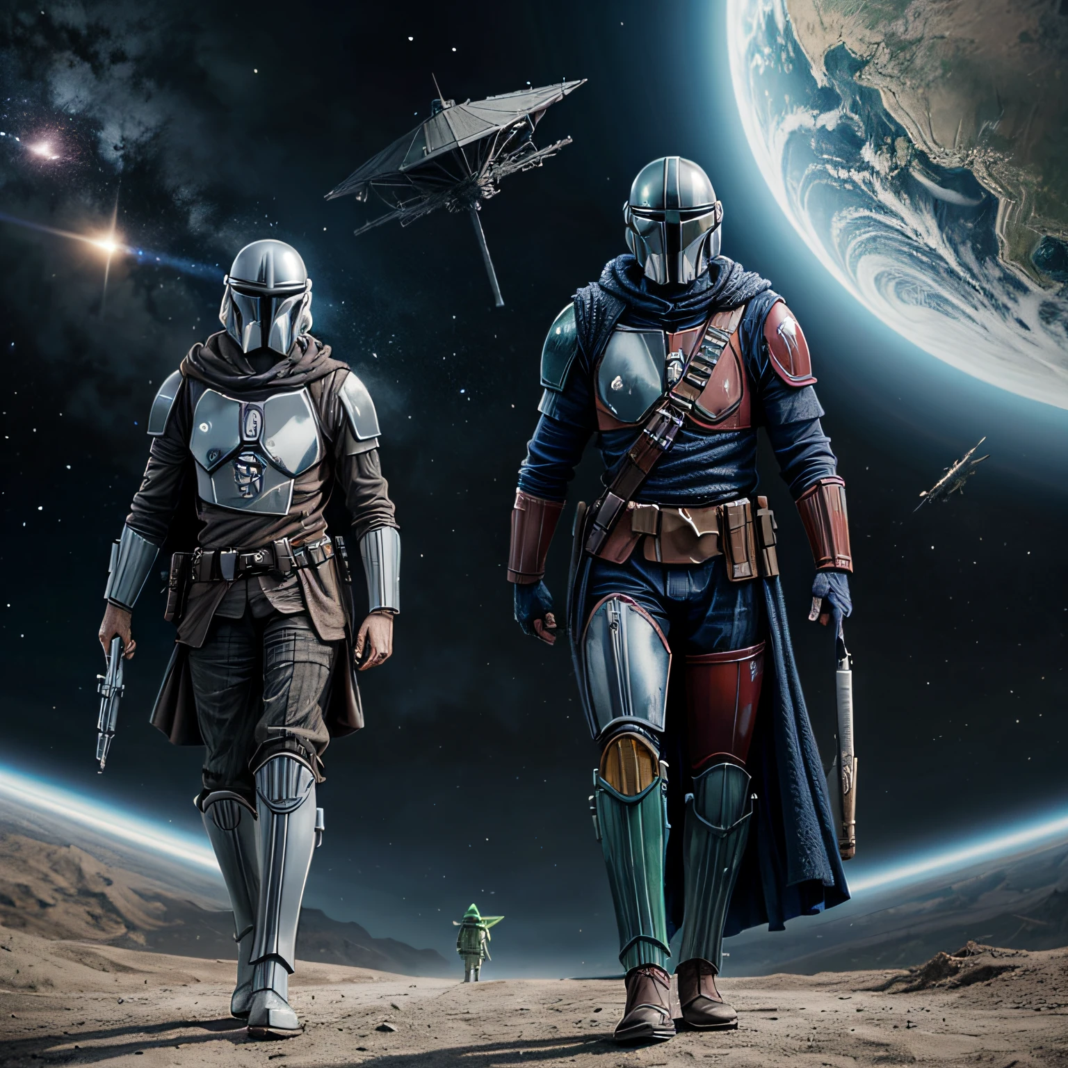 Mandalorian walking with the Yoda BB full of tattoo and muscles both are in space being chased by ships and are standing next to a communication satellite --auto