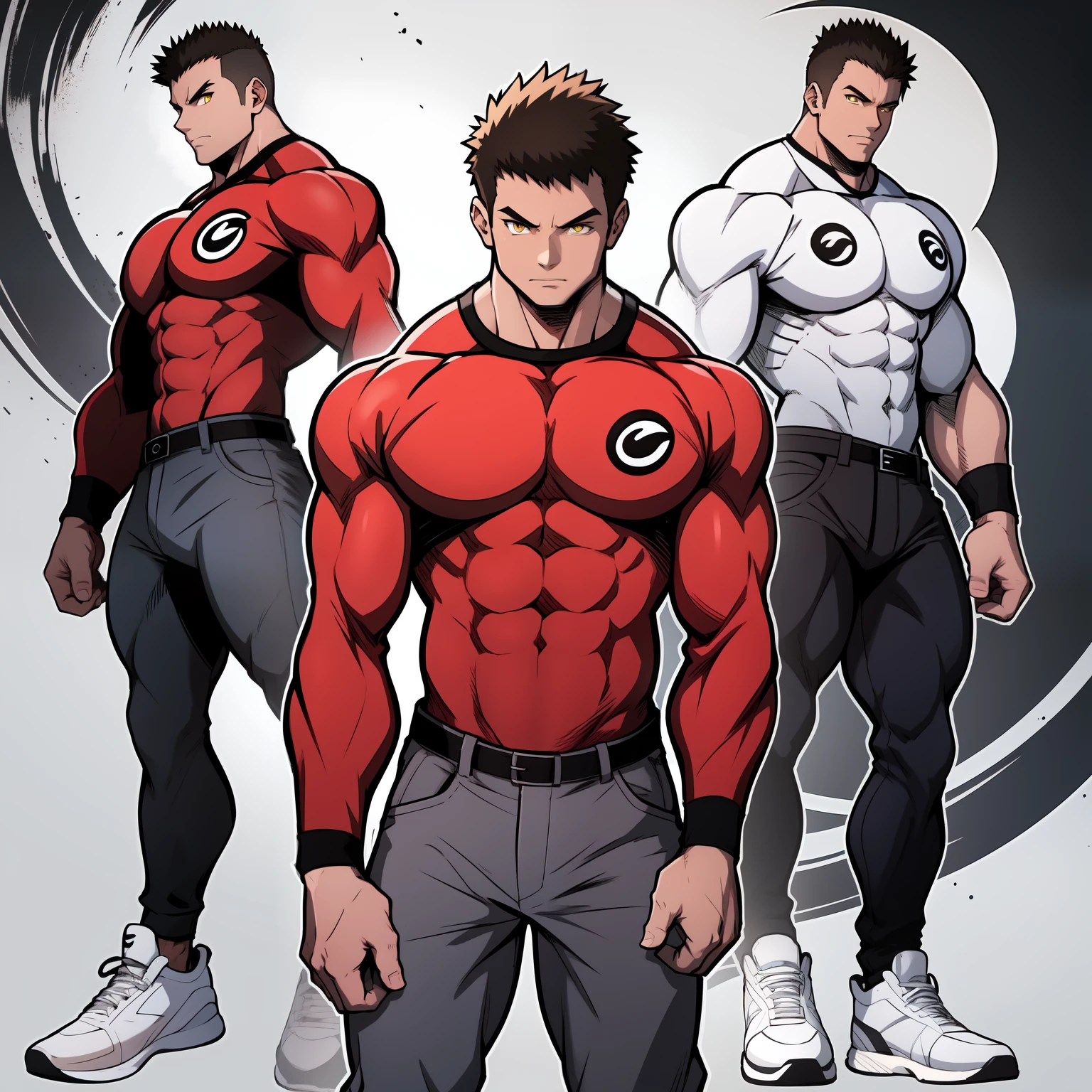 Arte de estilo anime, dibujo estilo anime, Imagen frontal, cuerpo completo, personaje masculino musculoso, protagonist, Ojos amarillos, cabello corto, cabello con púas, cabello corto, carácter musculoso, con camisa roja de manga larga, mangas negras, usando pantalones grises, usando zapatillas blancas. Imagen de cuerpo completo, frontal image, protagonist character, Carácter heroico, Postura intimidante, carácter musculoso, cuerpo de culturista, frontal image, cuerpo completo image, Sólo un persaongem, carácter musculoso!!