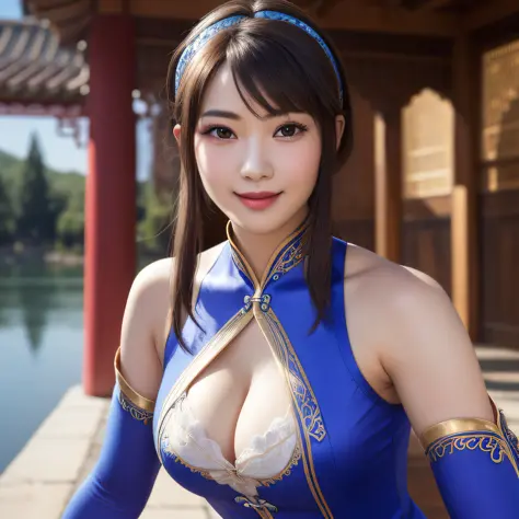 xianghua,brown eyes,short hair with long locks,lips,  brown hair,  solo, upper body, sexy pose, 
xiaRobe, blue dress  ,blue thighhighs ,cleavage cutout ,hairband,detached sleeves,jewelry,puffy sleeves, white panties, 
lake, stars,  labyrinth, 
(insanely de...