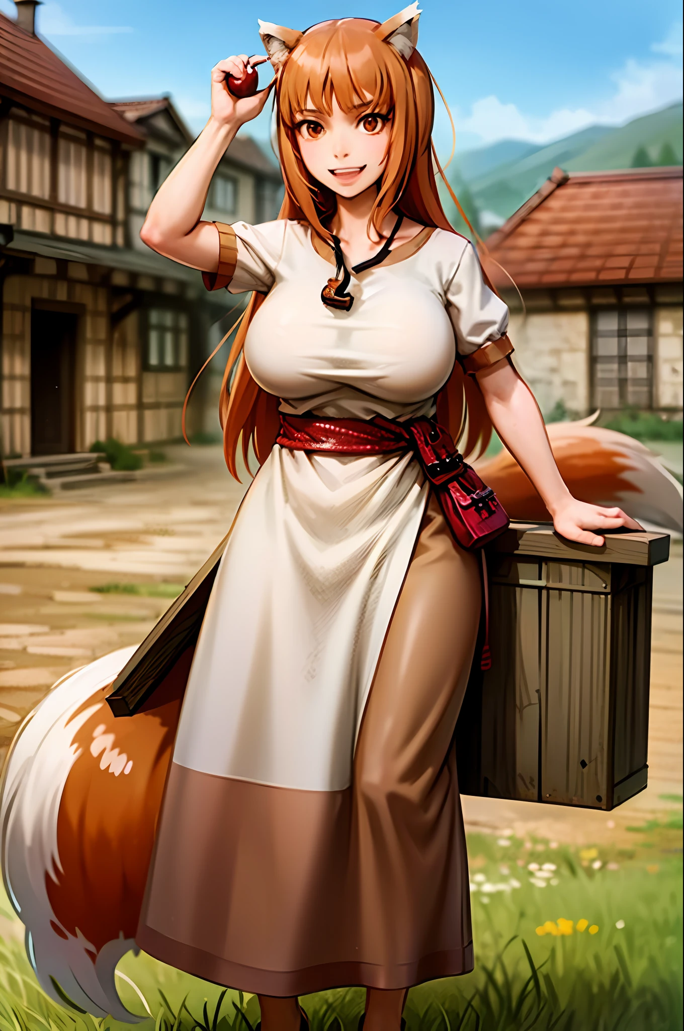(holo:1.5), (holoBrownDress:1.5), masterpiece, best quality, absurdres, 1girl, looking at viewer, standing, cowboy shot, outdoors, medieval, cobblestone street, town, pouch, sash, smile, fruit, apple, basket,huge breast, curvy