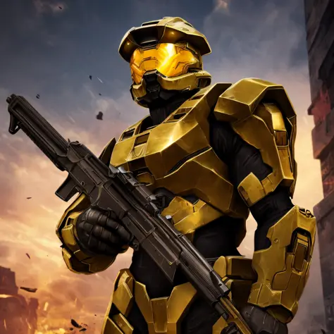 Halo Spartan, wearing gold chain, holding two pistols, looking mean, nightime, blood stains on hands, bad-ass, mean, cinematic angle, looking at camera, highest quality --auto