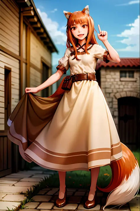 (holo:1.5), (holoBrownDress:1.5), masterpiece, best quality, absurdres, 1girl, looking at viewer, standing, cowboy shot, outdoor...