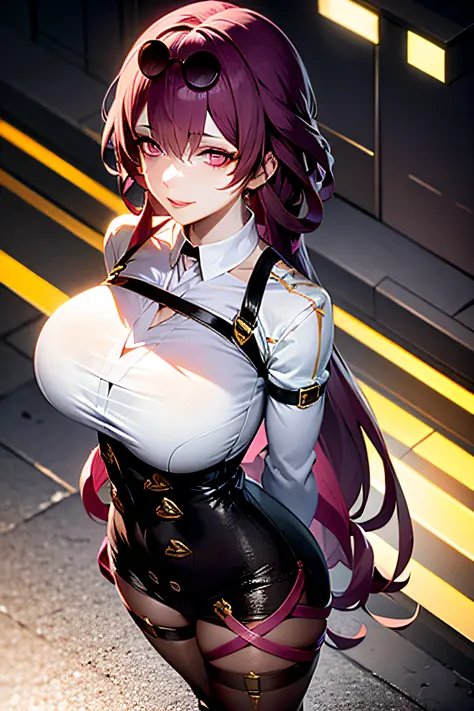 masterpiece, best quality, 1girl, KafkaV4, large breasts, shiny skin, purple hair, shirt, white shirt, jacket, eyewear on head, ...