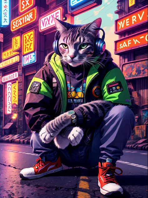 An anthropomorphic cat with headphones and a jacket is sitting in the middle of a road, Cyberpunk and post-Soviet modernism-them...