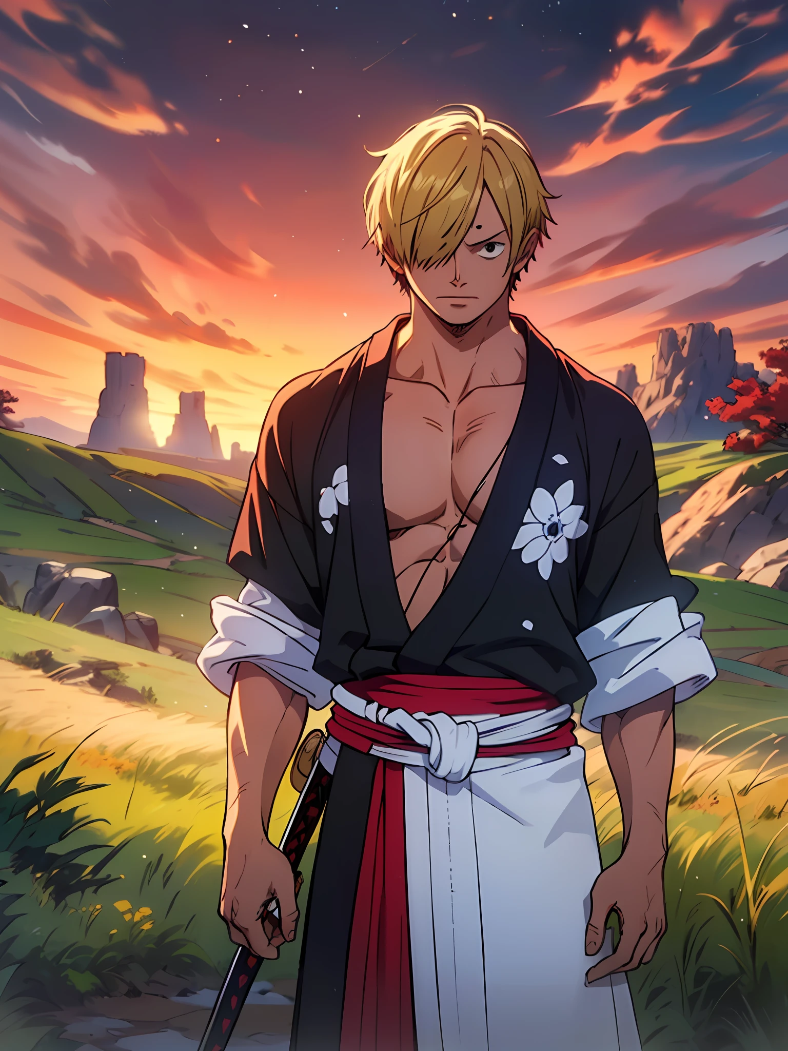 Sanji (Meisterwerk, 4K-Auflösung, ultrarealistisch | |, Sehr detailiert), (weißes Samurai-Thema, charismatisch, da ist ein Schwertkämpfer neben einem Japaner "Fahrt" aus, trägt einen gelben Kimono mit Wolkendetails auf dem "Herz" Ausfahrt, Er ist Kommandant des Anführers der Mugiwara-Bande, arbeiten "ein Stück"), [ ((21 Jahre), (großes gelbes Haar:1.2), (Haare fallen über das rechte Auge)), Ganzkörper, (blaue Augen:1.2), ((Eine Sanji-Pose), ((Japanische ländliche Umgebung):0.8)| (Land, bei Dämmerung, Dynamische Lichter), (Sonnenblendung)) # Erläuterung: Prompt beschreibt hauptsächlich ein 4K Ultra-High-Definition-Gemälde, Sehr realistisch, Sehr detailiert. Der männliche Protagonist hat mittelgelbes Haar, das sein Auge bedeckt, und ist 21 Jahre alt.