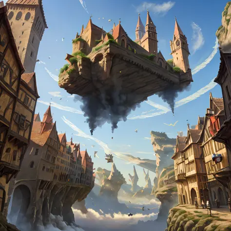 Medieval city at a distance, with buildings levitating in the air with magic --auto