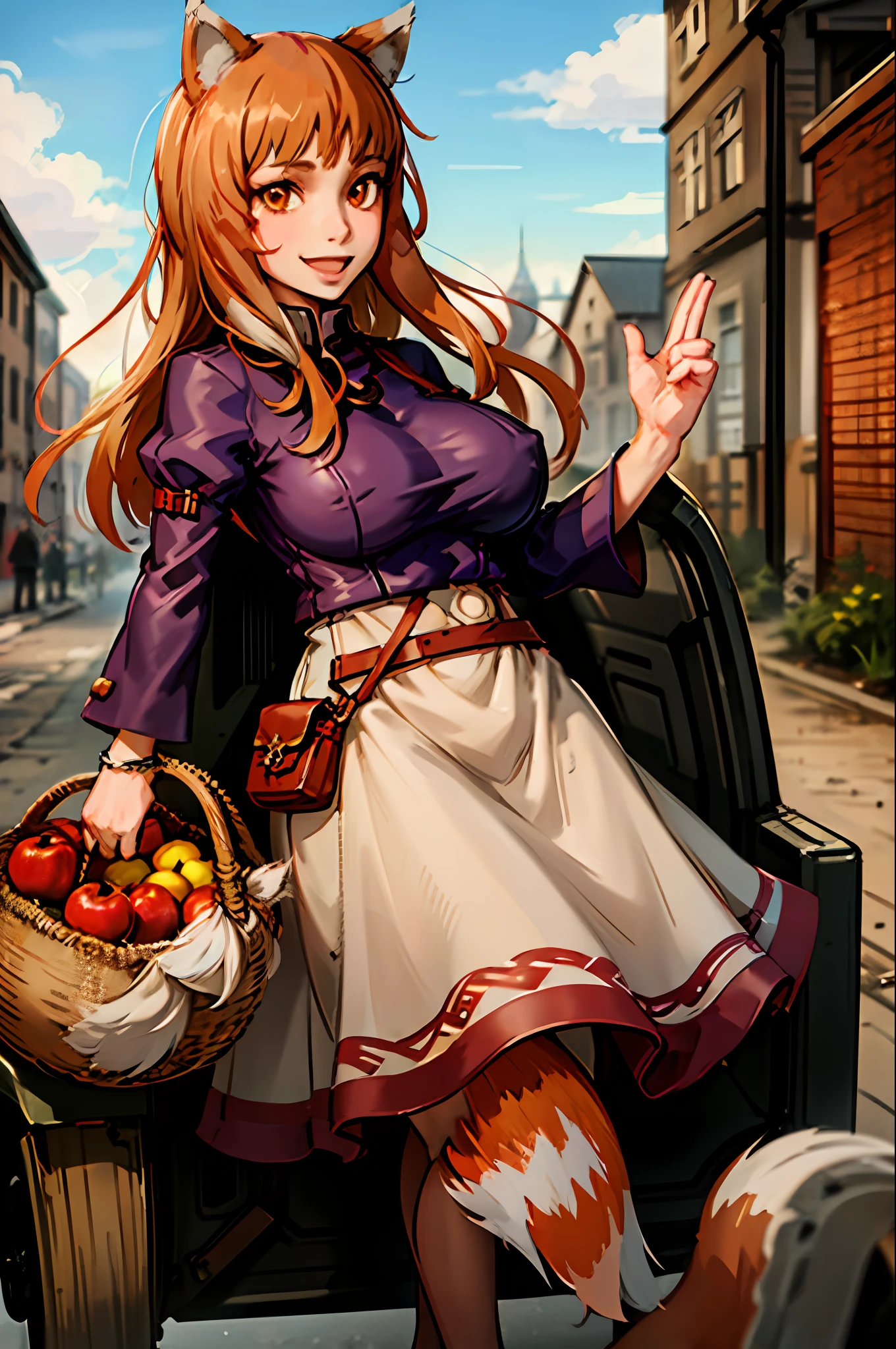 (holo:1.5), (holoBrownDress:1.5), masterpiece, best quality, absurdres, 1girl, looking at viewer, standing, cowboy shot, outdoors, medieval, cobblestone street, town, pouch, sash, smile, fruit, apple, basket,huge breast, curvy