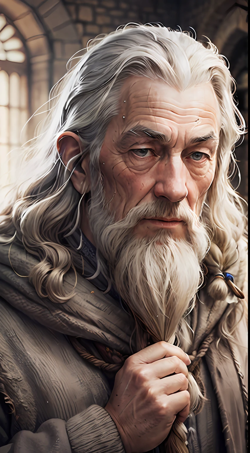 Gandalf, sábio, mago, Alto contraste, (Textura Natural da Pele, Hiperrealismo, Luz suave, afiado),