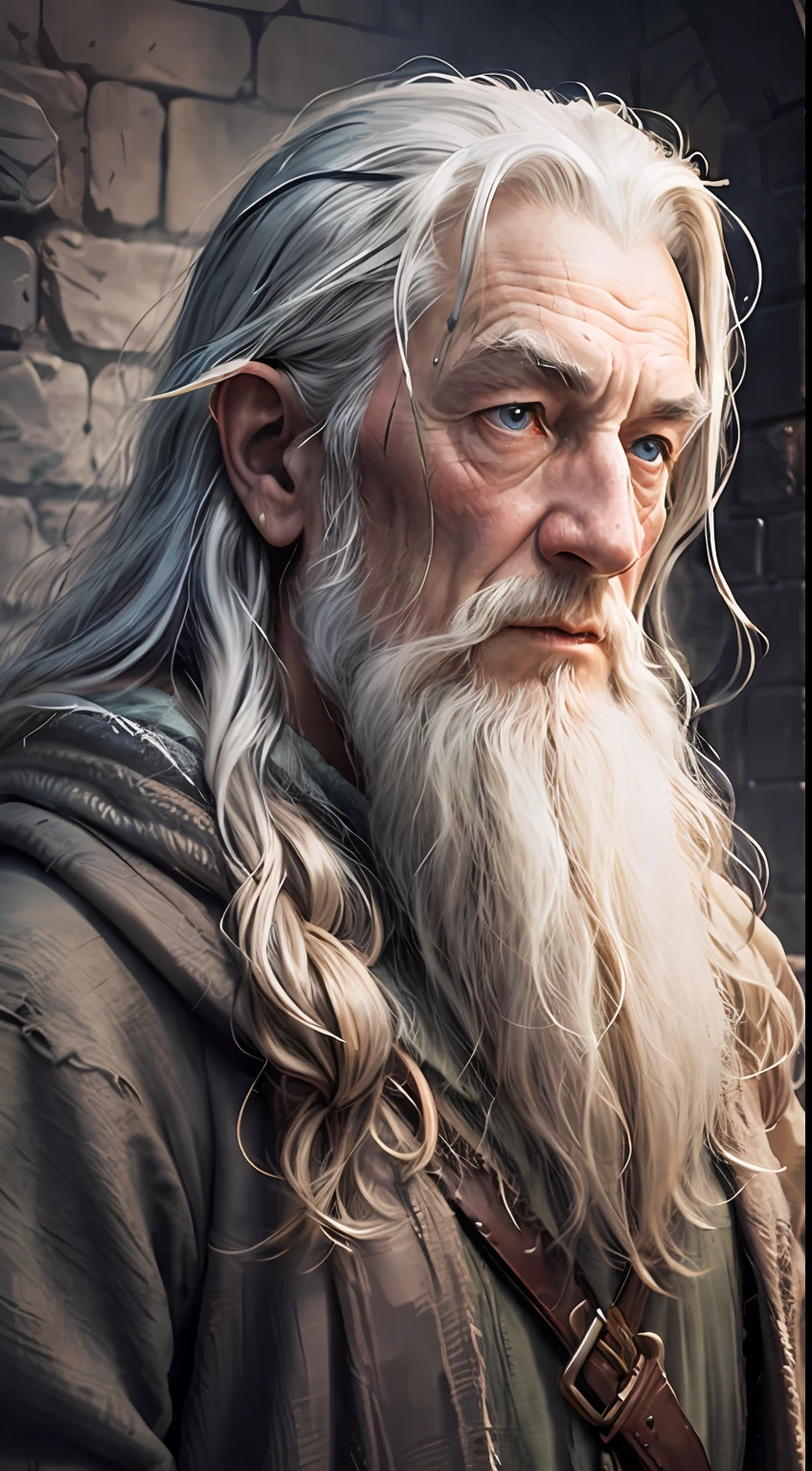 Gandalf, inteligente, mago, alto contraste, (textura natural de la piel, hyperrealism, luz tenue, afilado),