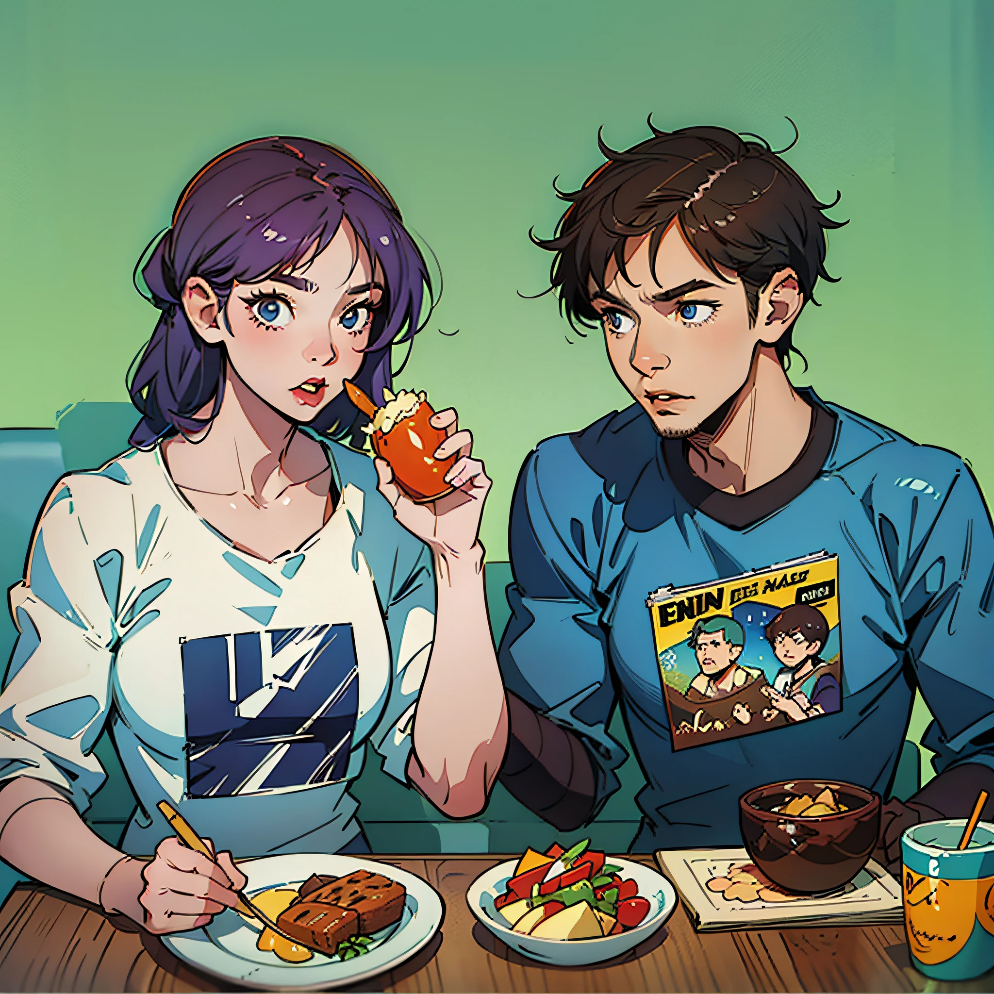 two men in their 20s in casual clothes eating food at a table facing each other, comic book style illustration , hands in high quality