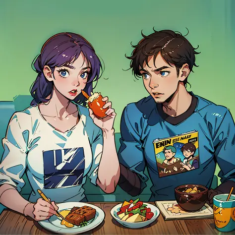 dois  homens  de 20 anos  com roupas casuais comendo comida em uma mesa um de frente para o outro, comic book style illustration...