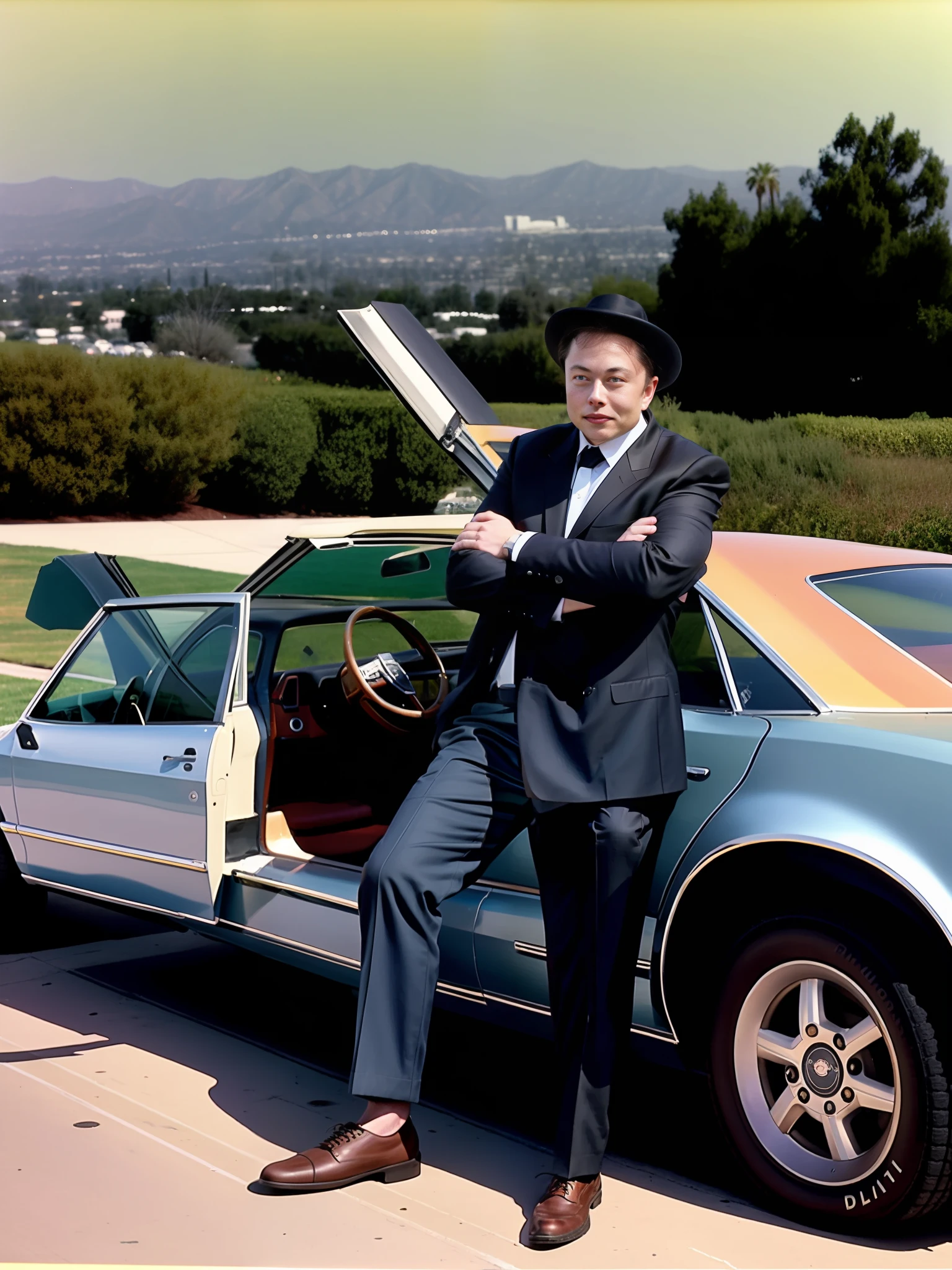 elon musk in the 1970s as pimp in san fernando valley, leaning against his car, wearing a fancy dress with hat, movie shot