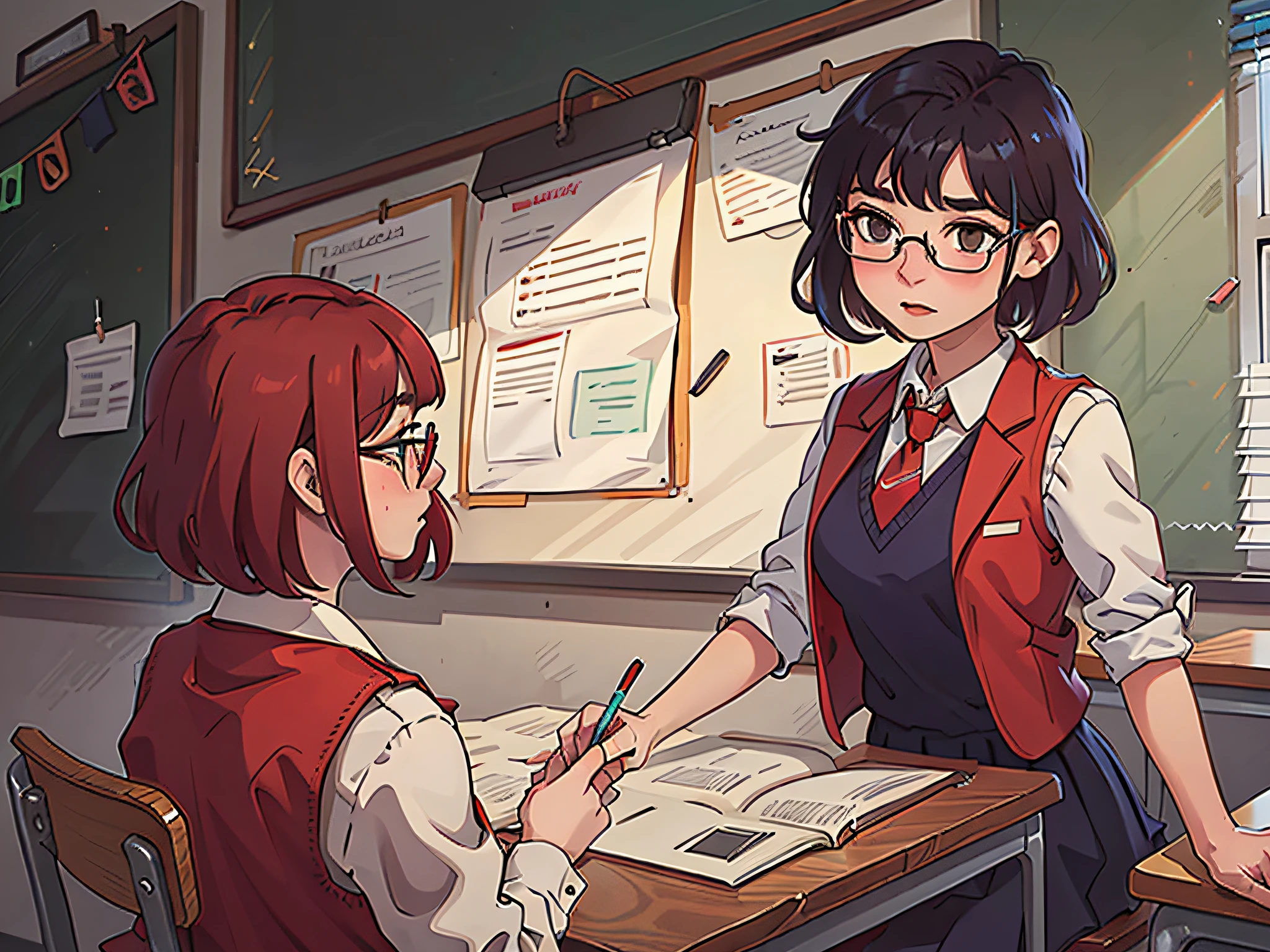 a girl wearing uniform, red vest and red tie with medium hair without glasses. learn in class with teacher wear glasses with long sleeves outift and medium skirt withshort hair