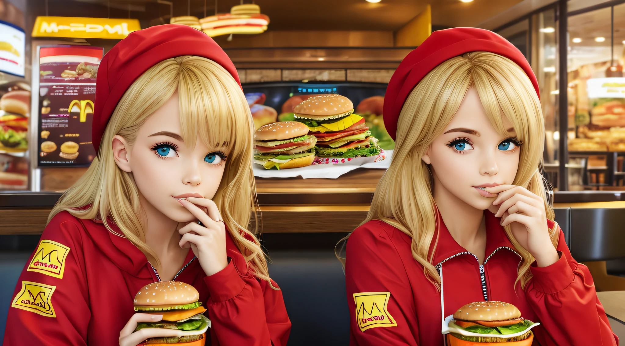 Blond-haired triplets, jaquetas de couro E ROUPAS DE PRATA, EM UM MAC DONALDS COMENDO HAMBURGER E BATATAS FRITAS.