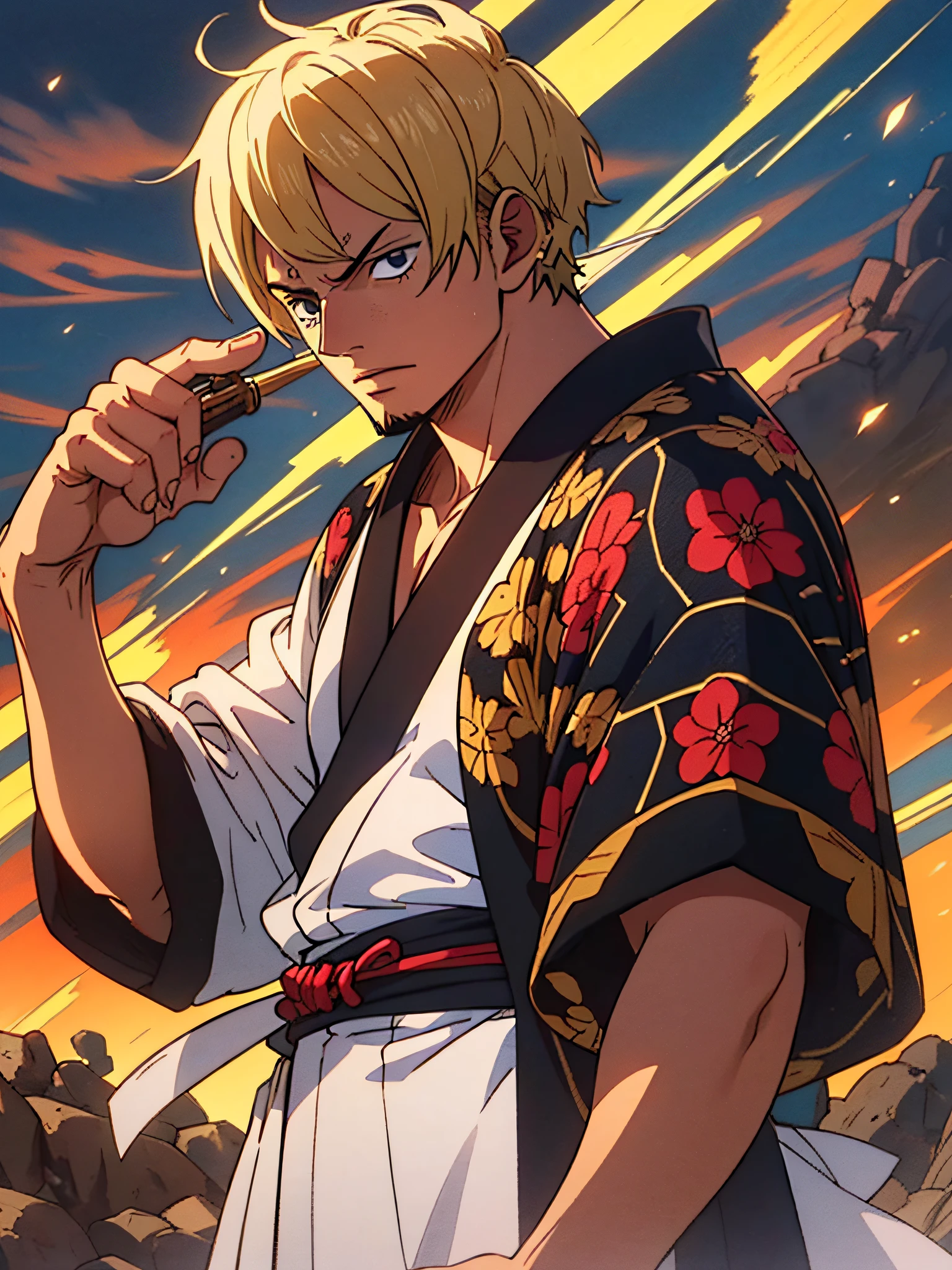 Sanji (Masterpiece, 4k resolution, ultrarrealista | | |, Very detailed), (Tema samurai branco, Charismatic, there is a swordsman next to a Japanese "Isakaya" barra, vestindo um quimono amarelo com detalhes de nuvens no "Obi" fita, he is commander of the leader of the mugiwara band, trabalho "one piece"), [ ((21 anos), (cabelos amarelos grandes:1.2), (cabelo caindo sobre o olho direito)), corpo inteiro, (olhos azuis:1.2), ((Uma pose de Sanji), ((Japanese rural environment):0.8)| (paisagem rural, ao entardecer, dynamic lights), (ofuscamento solar)) # Explanation: Prompt mainly describes a 4k ultra-high definition painting, very realistic, muito detalhado. The male protagonist has medium yellow hair covering his eye and is 21 years old.