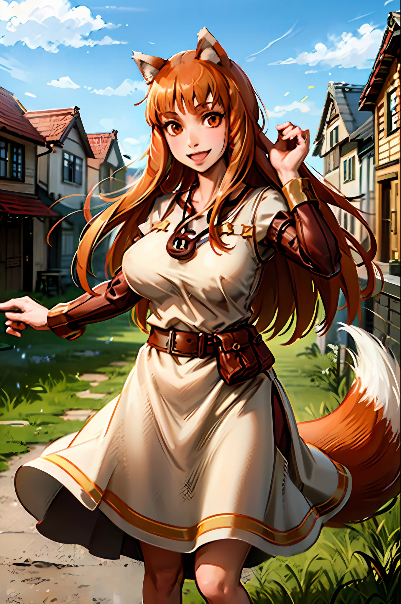 (holo:1.5), (holoBrownDress:1.5), masterpiece, best quality, absurdres, 1girl, looking at viewer, standing, cowboy shot, outdoors, medieval, cobblestone street, town, pouch, sash, smile, fruit, apple, basket,huge breast, curvy