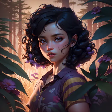Percy Jackson character style, pine forest background style by Loish, Emilia Clarke as a fifteen years old girl with curly black...