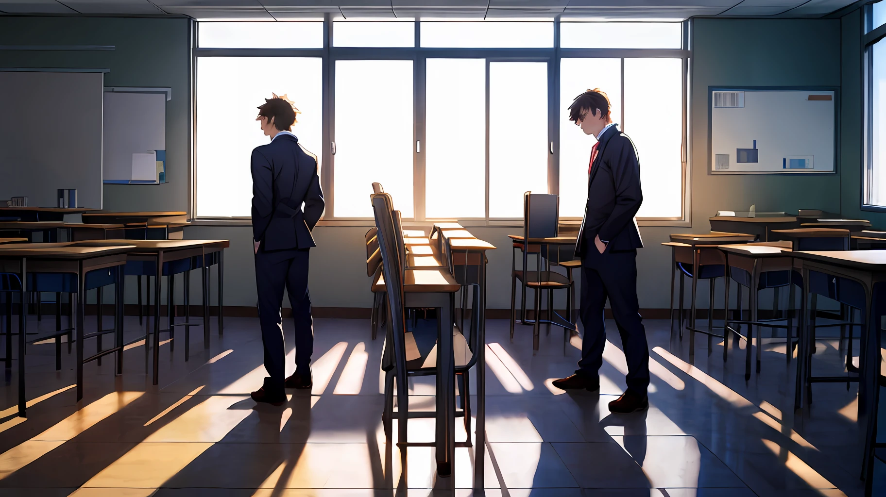 young teenager，Young men，High school students，The background is in the classroom，School uniform，extreme hight detail，Realistic light and shadow，Sunlight comes in through the windows，facula，softlighting，soft focus，the best quality