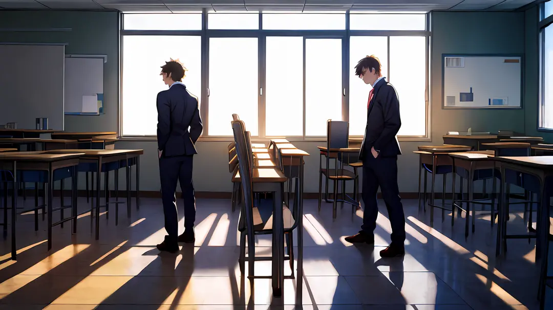 young teenager，Young men，High school students，The background is in the classroom，School uniform，extreme hight detail，Realistic l...