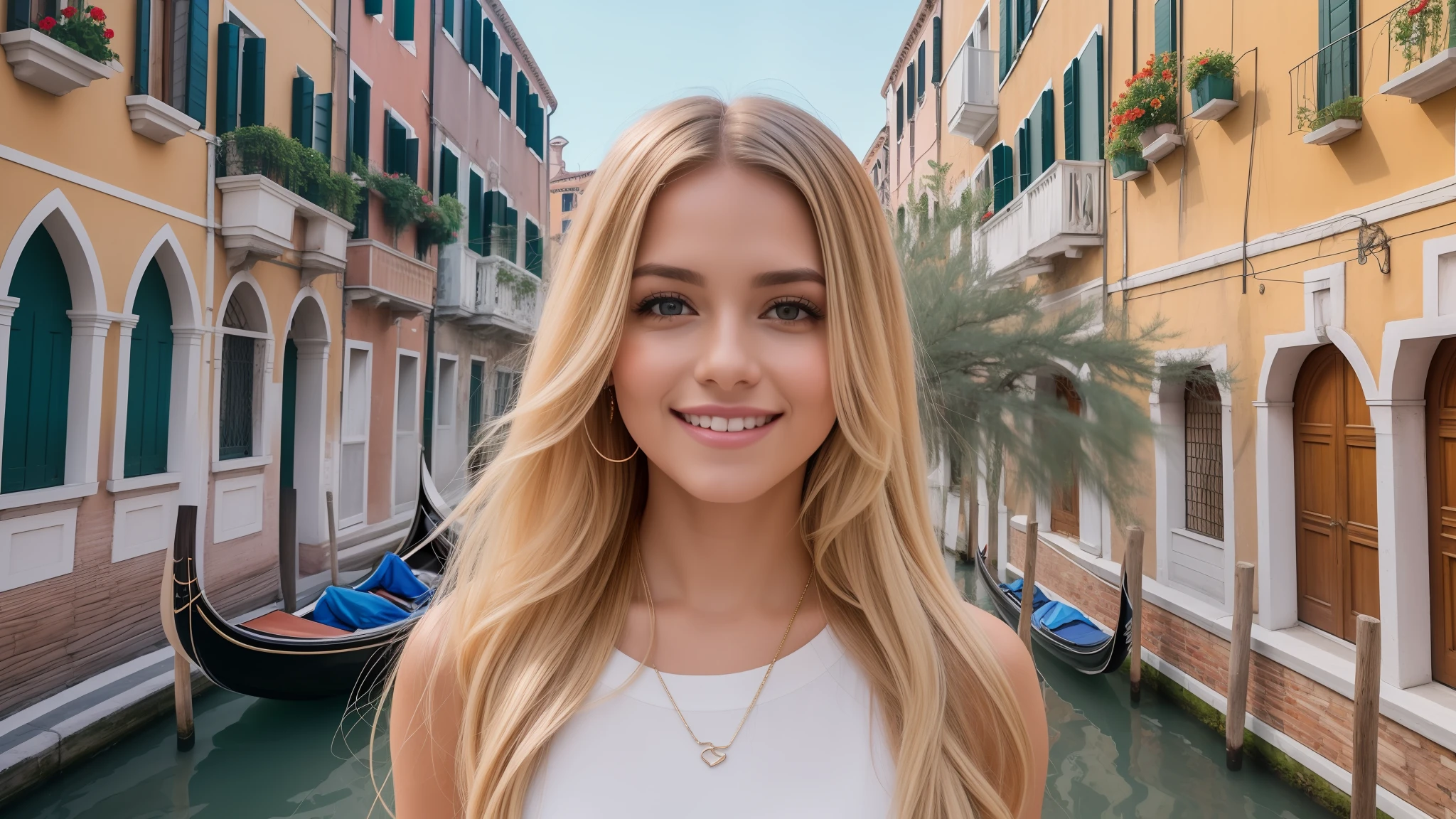 Uma mulher jovem e bonita, blonde hair that falls gently in waves up to the shoulders, altura mediana, olhos grandes e verdes, pele clara, She is in the famous gondolas of venice, roupas despojadas e floridas, It's spring morning, ela sorri mostrando os dentes, she's looking at the camera, foto de corpo inteiro, Sunlight enhances your hair, seu semblante esta naturalmente sereno, half-open lips, Textura 8K, altamente detalhados, realista, soft  Cinematic Light, HDR, sharp fokus, obra-prima, fotorrealista, fotografia premiada, Canon EOS R5, 35 mm.