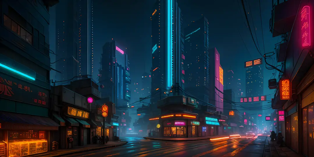 Cyberpunk city from sci-fi movie, empty street, night, chinoiserie buildings, old shop, irregular, circuit boards, wires, intricate, super detailed, realistic, hyper realistic, high quality, best, super detailed, crazy Detail, Very Detailed, Photorealistic...