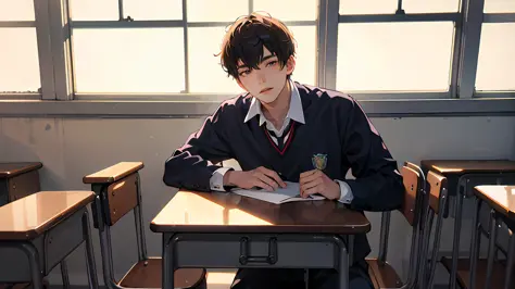 young teenager，young men，high school students，the background is in the classroom，school uniform，extreme hight detail，realistic l...