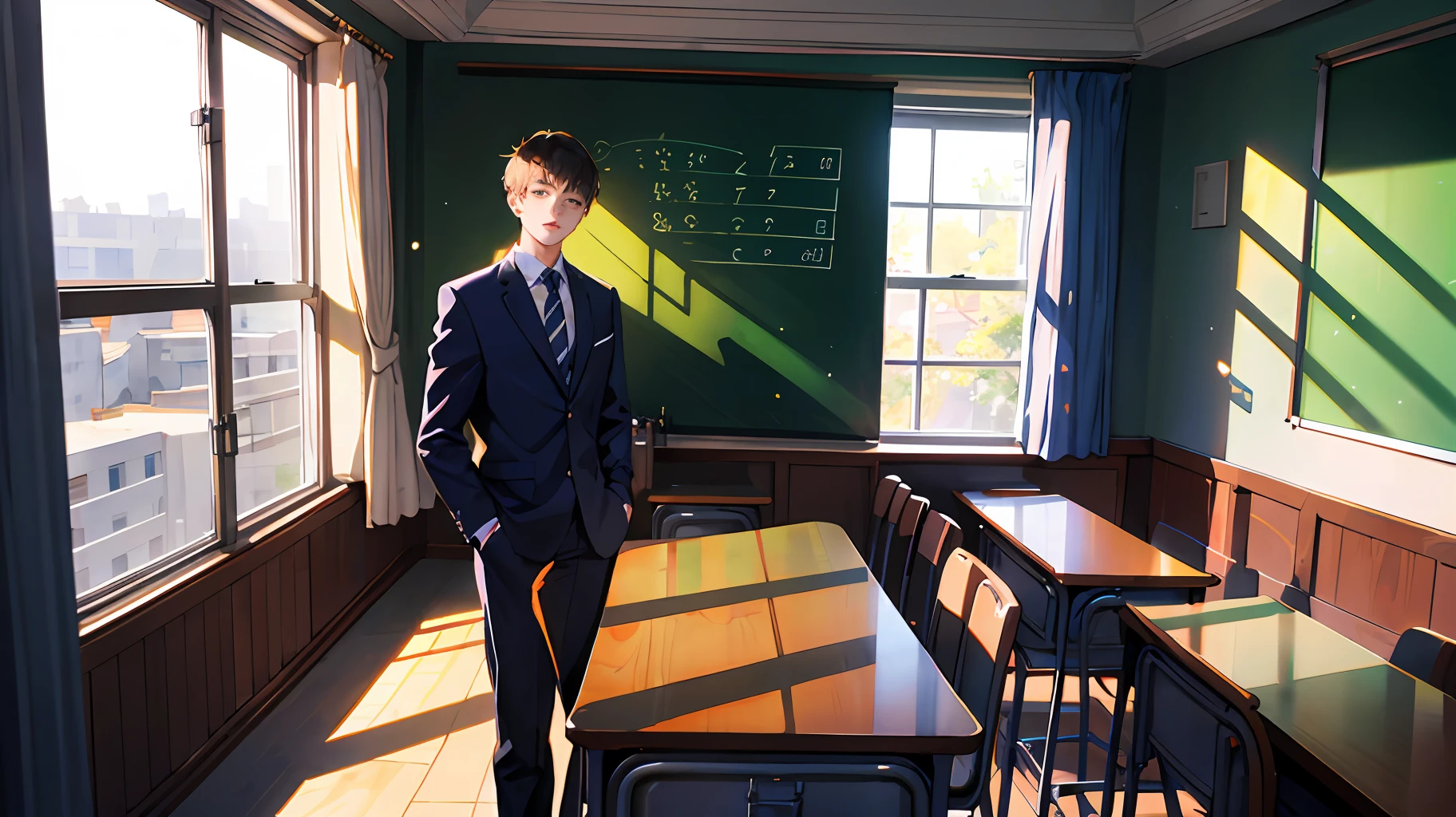 young teenager，Young men，High school students，The background is in the classroom，School uniform，extreme hight detail，Realistic light and shadow，Sunlight comes in through the windows，facula，softlighting，soft focus，the best quality