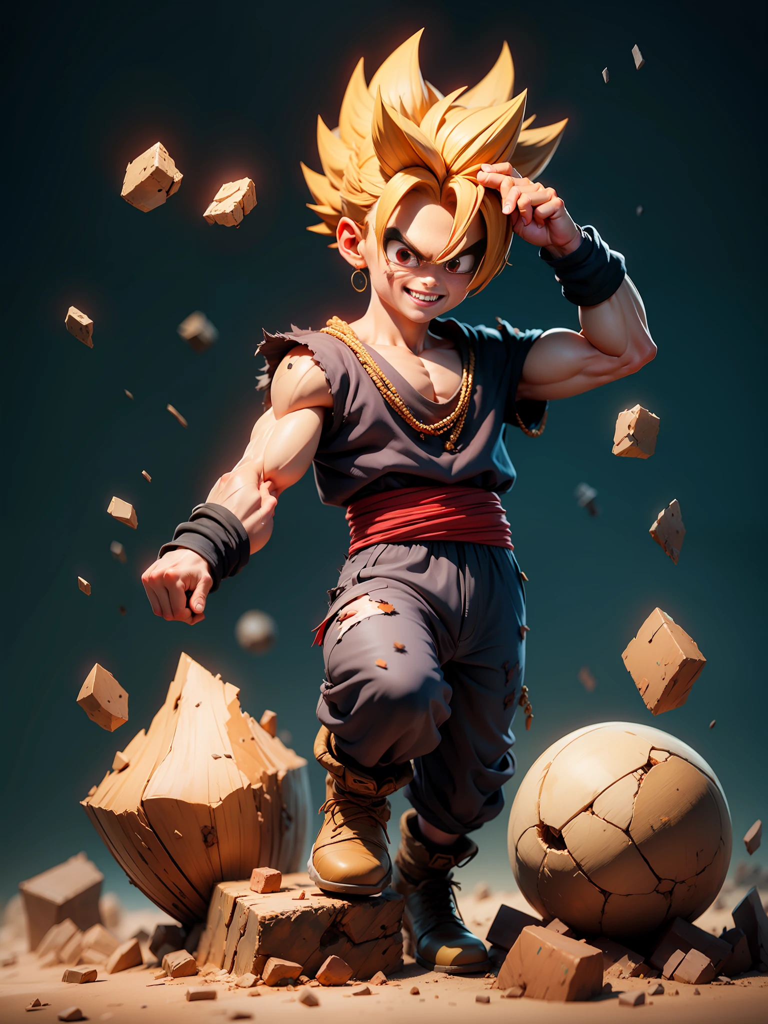 masterpiece, best quality, ultra-detailed, Adult Gohan 1boy, solo, Full body, evil smile, Gold glowing hair, spiked hair, (((red eyes))), (((perfect eyes))), ))), full body, looking at viewer, male focus, earth \(planet\), planet, cracked ground and lots of rocks rising up, lots of debris going up, perfect hands . Cute, chibi, wearing tattered tank shirt and toren clothing, full body glowing gold aura, dark